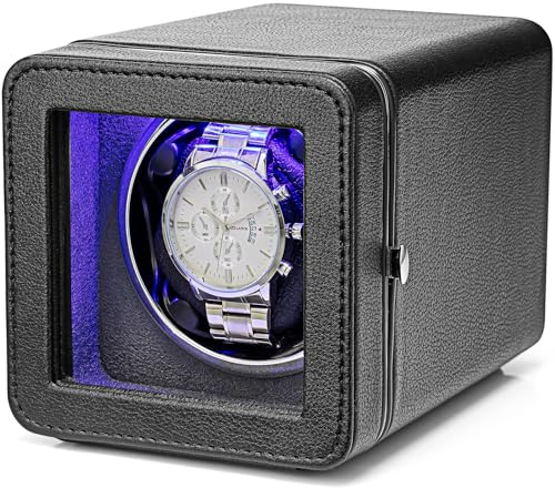 Vlando Caricatore automatico 1 orologio con motori silenziosi giapponesi, orologio quadrato con 4 modalità di rotazione, luce LED e adattatore di tipo C, pelle di lusso con texture litchi