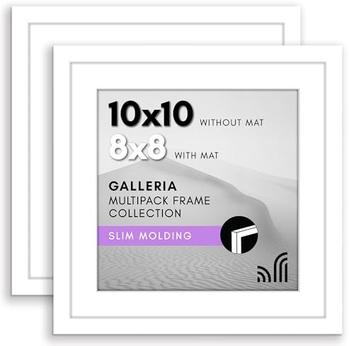Americanflat 10x10 Picture Frame With Polished Plexiglass - Set of 2 - Use as 8x8 With Mat or 10x10 Without Mat - Galleria Collection - Gallery for Tabletop and Wall Display - White