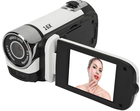 1080P Digitalkamera, 16 MP Camcorder mit 2,4 Zoll drehbarem Bildschirm, 16 Fach Zoom HD Videorecorder mit Fülllicht, Eingebauter Videokamera Akku (White)