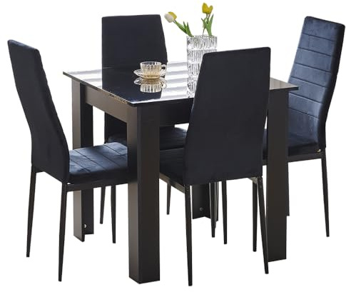 Rainbow Tree Modern 5 Piece Dining Room Table and Chairs Set, Wooden Square Table with 4 Chairs for Small Space Apartment Space Saving (Black Table+4 Black Velvet Chair)
