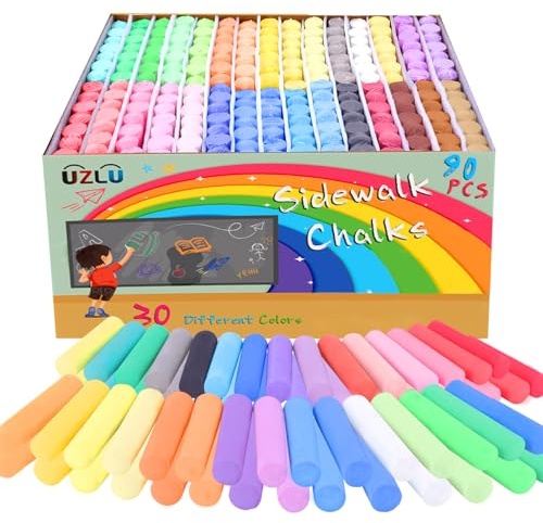 UZLU 90 Pcs Sidewalk Chalk-30 Colors, Drawing Chalk for Kids, Jumbo Washable Chalk Giant Box Non-Toxic Dustless,Painting on Sidewalk,Outdoor Art, Blackboard, Playground