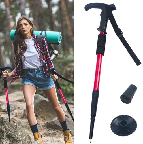 Röd Promenadkäpp Vikbar, Teleskop, Vandringsstavar i Legering för Utomhusresor, Bergvandring och Andra Sporter