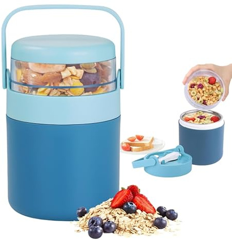 SilverChry Taza de Cereales para Llevar, Vaso para Yogur y Muesli, Vasos Yogurtera con Tapa, Porta Yogur, Taza de Yogur de Acero Inoxidable con Cuchara 570 + 160ML, Overnight Oats Jar para Yogur,Fruta