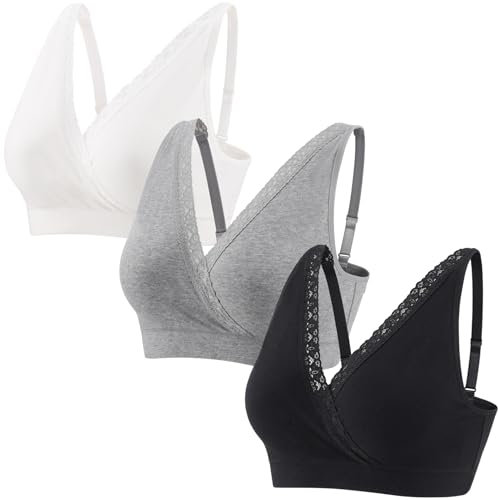 ZUMIY Maternity Nursing Bra Sleeping Tops, Wireless Breastfeeding Pregnancy Cotton Bras, Full Coverage, Adjustable Straps Lace Trim (M, Black+Grey+White/3pack)