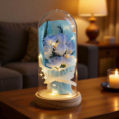 Artificial Eternal Roses in Glass Dome - 7 Silk Flowers with LED Lights, Solid Wood Base | Birthday Gifts for Mum, Grandma, Women | Elegant Anniversary & Home Decor (Upgraded Secure Packaging)