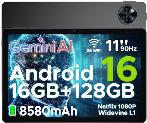 DOOGEE Newest Android 16 Tablets, U11 11 Inch Tablet with Gemini AI, 16GB+128GB/2TB, 8580mAh, Unisoc T7200, 5G WiFi Android Tablets | Widevine L1 | Bluetooth 5.0 | 13MP+5MP | GPS | OTG - Black