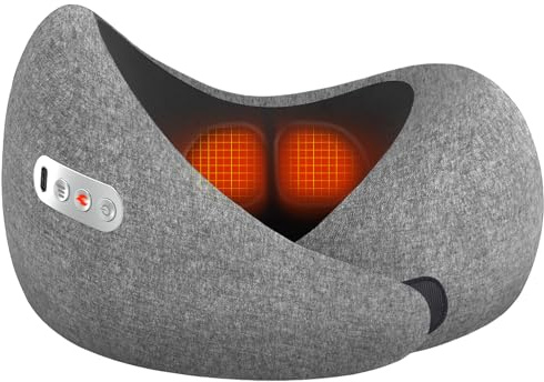 Splbgna Travel Neck Pillow 3 in 1 with Heating and Massage, Memory Foam Cervical Pillow, 360º Ergonomic Design, Asymmetrical Sides Wireless Portable for Airplane Car Office, Skin-Friendly Cover