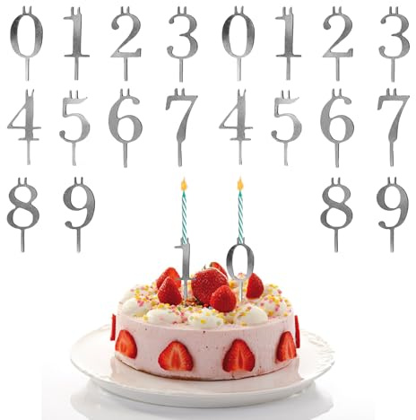 VELAJA Juego de Portavelas con Números de Acero Inoxidable, 20 Piezas Reutilizables Portavelas para Velas de Cumpleaños Números 0-9, Candelabros para Pastel de Cumpleaños, Bodas y Aniversarios