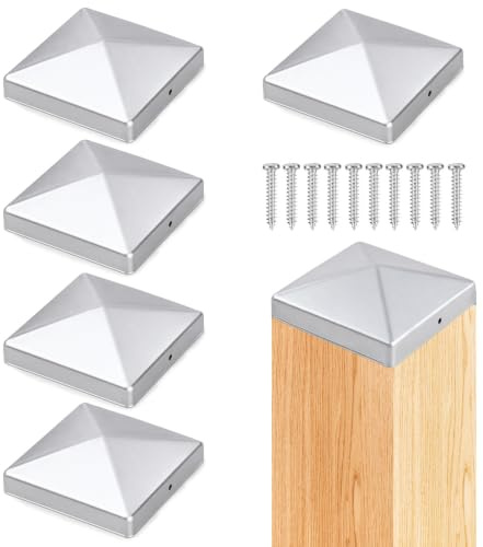 Voxlara 5 Pièces Chapeau Poteau Bois 10x10 cm, Capuchons de Clôture, Capuchons pour Poteaux en Forme de Pyramide, Capuchons de Protection pour Poteaux de Clôture avec Vis et Trous de Fixation