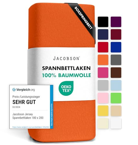 Jacobson Jersey Spannbettlaken Spannbetttuch Baumwolle Bettlaken (180x200-200x220 cm, Orange)