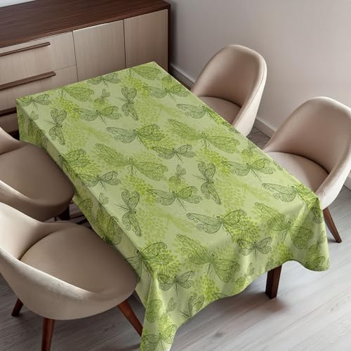 Ambesonne Dragonfly Tablecloth, Sketchy Butterfly Like Bugs with Floral Ivy Print Wings Artwork, Dining Room Kitchen Rectangular Table Cover, 60 X 84, Pale Green