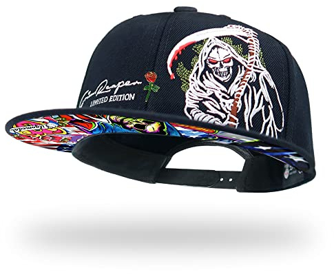 tilgomedal Sombreros Snapback para Hombres Cráneo Bordado Ajustable Sólido Bill Sombrero Unisex Gorras de Béisbol, Bk F Reaper, Large/X-Large