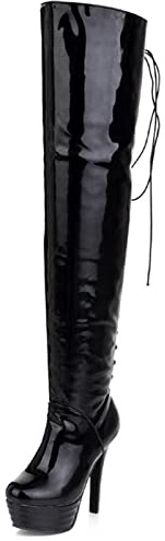 Bviennic Mujer Tacón De Aguja Plataforma Thigh Hombre Fiesta Boots Nightclub Moda Sobre La Rodilla Noche Charol Botas De Montar Negro Talla 39 EU-40Cn