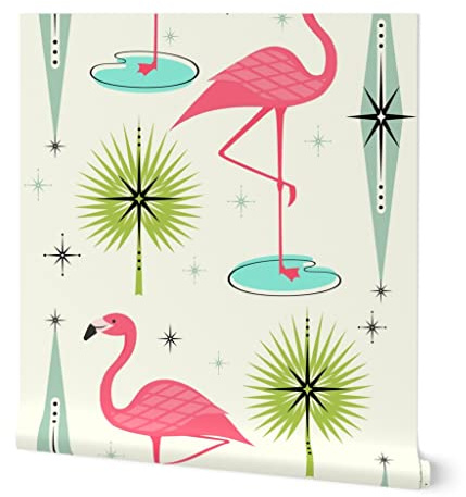 Spoonflower Peel & Stick Wallpaper Swatch - Atomic Flamingo Vintage Diamonds Retro Tropical Custom Removable Wallpaper
