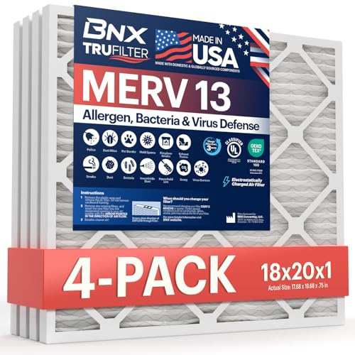 BNX 18 x 20 x 1 MERV 13 luftfilter 4-pack – TILLVERKAD I USA – elektrostatisk veckad luftkonditionering HVAC ugnsfilter – tar bort pollen, mögel, bakterier, rök
