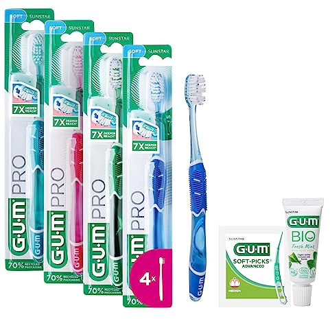 GUM PRO Spazzolino da denti manuale morbido | setole a punta sottile | manico ergonomico antiscivolo | testina compatta | 4 x 1 pezzo (con 1 campione omaggio)