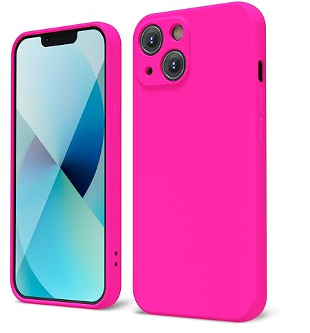 oakxco for iPhone 13 Mini Phone Case Liquid Silicone, Fluorescent Bright Solid Color, Cute Thin Slim Soft Rubber TPU Plain Smooth Gel Matte Protective Cover for Women Girl Aesthetic, Fuchsia Hot Pink
