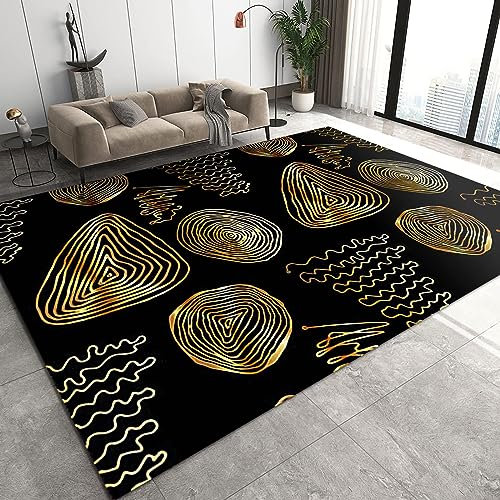 TEMLAN Sun Gold Twisted Line Art Teppiche Gegend, Schwarzer Und Goldener Marmor Kinderteppich für Drinnen und Draußen Terrasse Balkon Garten Wohnzimmer 80 x 150cm