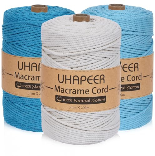UHAPEER 3 Rolls DIY Macrame Cord 200 m x 3mm, Natural Macrame Cotton Cord DIY Craft Cord Cotton Rope for Wall Hanging, Plant Hangers, Crafts, Knitting, Decorative Projects (Sky & Peacock Blue/Beige)