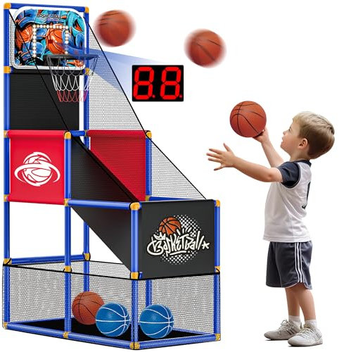 SKERITO Basketball Spielset, Basketballspiel-Set mit 4 Bällen und Reifen für Kinder von 3 4 5 6 7 8 9 10 11 12 Jahren, Indoor-Outdoor-Sport, einfaches Aufbauen, Luftpumpe im Lieferumfang enthalten