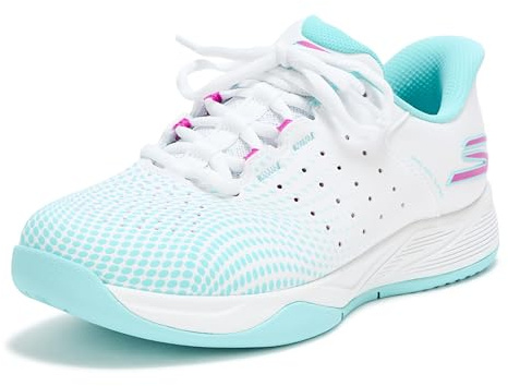 Skechers Women's Viper Court Reload Hands Free Slip-Ins Pickleball Sneaker, White/Turquoise/Pink, 8