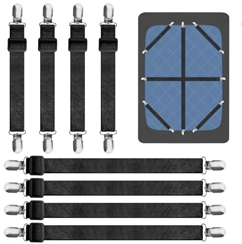 Megcdtr Bettlakenspanner Verstellbar, 8 Stück Bettlaken Spanngurte, 30cm -130cm Lakenspanner mit Matratzenspanner, Elastische Bettlakenspanner für Bettlaken Matratze Sofa Bügelbrett(Schwarz)