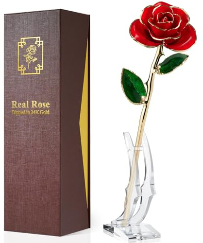 Yonktoo Gold Dipped Rose - Real Rose Preserved in 24K Gold with Stand, Forever Gift for Her, Mother's Day, Valentine's Day, Anniversary - Romantic Gift for Wife, Mom, Girlfriend - Red