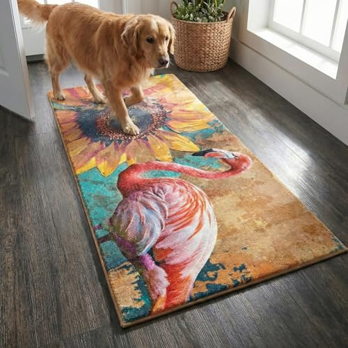 Doormat, Outdoor & Indoor Non-Slip Door Mats Entryway Washable Pet Rug for Front Door Entrances, 20x39, Brown Sunflower Flamingo