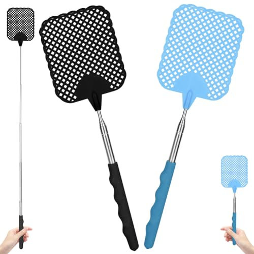 AYESY Extendable Fly Swatter, 2 Pack Strong Manual Fly Swat Pest Telescopic Stainless Steel Handle Adjustable 26.5cm to 73cm Heavy Duty Flyswat for Indoor Outdoor Mosquitoes Flies (Black & Blue)