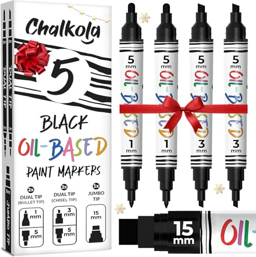 Chalkola 5 Oil Black Paint Pen (4 Dual Tip, 15mm Jumbo) - Oil Based Paint Markers for Metal, Fabric, Glass, Rocks, Automotive Tire, Furniture Touch Up Wood & Plastic Surfaces - Waterproof & Permanent