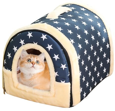 SKIKHN Cama para Gatos, Cama Cueva con Cojines extraíbles y Lavables Bola Colgante Juguete, Caseta Semicerrada para Perros Y Gato, para Gatos Casa para Gato Interior
