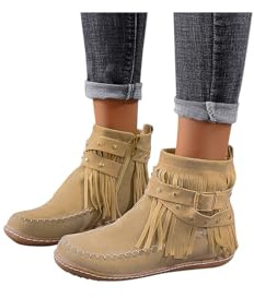Générique Bottines Femme Bottines en Daim à Franges Bout Rond Plates Western Cowboy Ankle Boots Cowgirl Suede Tassel Bottes Fashion Pull on Short Retro Winter Low Heel Booties with Zipper