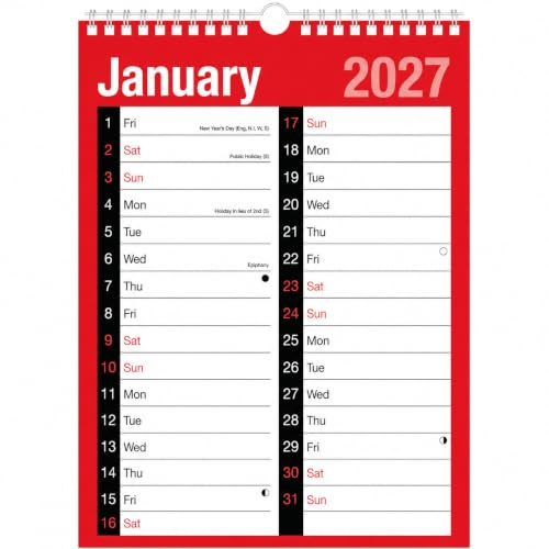 Sixstore Väggkalender 2026 A4 Stor – Månadsöversikt med 2 kolumner, spiralbunden väggplanerare för hem, kontor och skola, från 1 januari 2026 till 31 december 2026