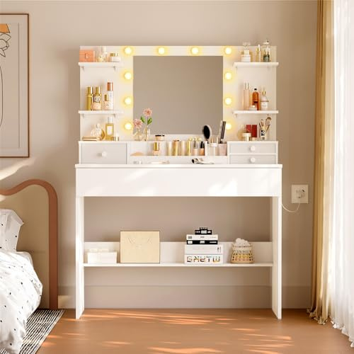 Coleshome Sminkbord med LED-spegel, Toalettbord med 10 Reglerbara Glödlampor & Byrålåda, 3 Färger Justerbar Ljusstyrka, Sminkbord med Zonat Förvaringsutrymme för Kosmetika, Vitt, 100x40x136cm