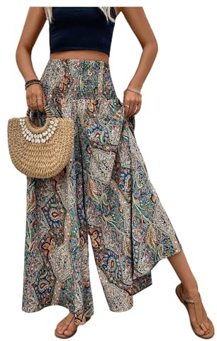 GORGLITTER Boho Palazzo Trousers for Women UK Wide Leg Light Weight Pants | Paisley Print, High Elastic Waist, Summer Trousers for Women, Holiday, Vacation, Beach, Going Out