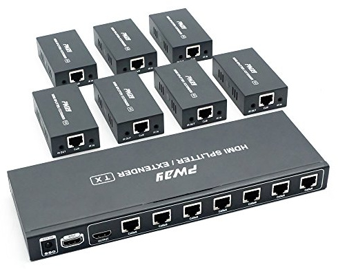 PW-HTS0107IR(POC) HDMI Splitter Extender 1X7 Port Over Cat5e/Cat6 Ethernet Cable With IR Remote Control No delay Up to 60m(196ft) and Resolution Up to 1080P