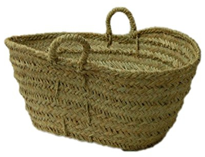 Capazo de Esparto o leñero de fibras naturales. Ovalado, cesto para la leña o decoración (4V, Aprox. 50-55x30 cm)