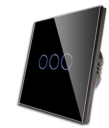 CNBINGO Touch Triple Light Switch with Black Glass Wall Plate, Backlight | 3-Gang 1-Way, No Neutral Wire Required, AC 340V 500W