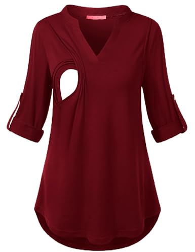 Joymom Maternity Blouse Nursing Tops for Breastfeeding Nursing Shirts Pregnancy for Long Sleeve Nursing Tops Tee Wine Red M