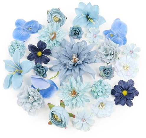 LARDUX 24 PCS Artificial Flower Heads-Craft Fake flower Decoration Mini Silk Blue Flower Heads Bulk Mix for DIY Wedding Party Hair Accessory Scrapbooking Home Decor