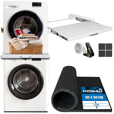 kör4u Premium Antivibrationsmatte 60x60x1cm & kör4u Zwischenbaurahmen weiß mit Ausziehplatte, Stahl, 60,5x54,5 cm inkl. Zurrgurt