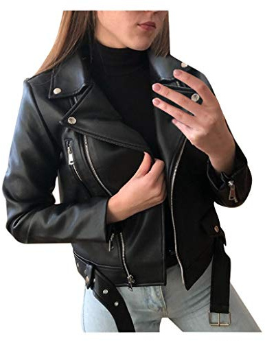 Veste En Cuir pour Femme - Manches Longues - Courte - Fermeture Éclair - Fermeture Éclair - Veste D'Extérieur - Veste En Cuir - Veste D'Hiver - Veste à Capuche