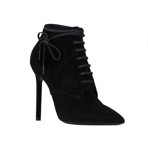 Bottines à Talon Aiguille et Bout Pointu pour Femmes Bottines Courtes Classiques à Lacets et Talons Hauts Bottines Confortables en Daim à Enfiler pour fête de Mariage,Noir,38 EU