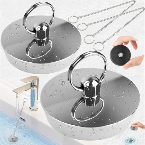lankai 2 Pièces Bouchon D'Evier avec Chaîne, Haute Qqualité Bouchon D'Evier avec Chaîne, Salle Bain D'Evier Cuisine avec Chaîne, Bouchon Baignoire avec Chaîne, pour évier, Salle Bain(Argent)