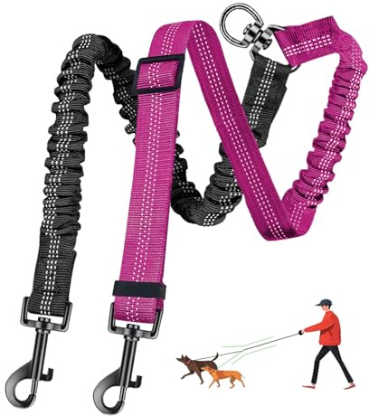 LEOSASA Double Dog Leash - 360°Swivel Tangle Free Splitter Attachment, 2 Dogs Multi-Functional Leashes, Dual Rope for Outdoor Walk Train Small Medium Large Two Pet (Fuchsia)