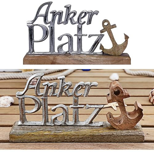 Cepewa Schriftzug 'Ankerplatz' Anker Silber | 25x15x5cm Mangoholz Aluminium | Dekoaufsteller Tischdeko Aufsteller maritim (1 x Schriftzug Ankerplatz Anker Silber 25x15cm)