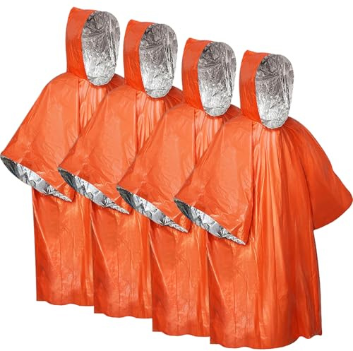 Editbar Pack of 4 Emergency Survival Poncho, Emergency Rain Poncho, Rescue Blanket, Bivvy Bag, Emergency Sleeping Bag, First Aid Heat Blanket, Insulation and Rainproof, Suitable for Camping, Hiking