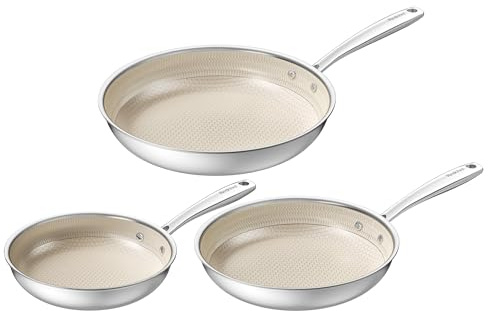 Redchef Ceramic Frying pan Set Nonstick, Hybrid Tri-Ply Stainless Steel Ceramic Pan,Non Toxic,PTFE/PFAS/PFOA Free,Dishwasher/Oven Safe (Beige)