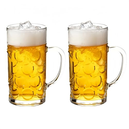 HAOHEJIA Set di 2 bicchieri da birra da 1,25 litri/brocca di birra in plastica con manico, stabili/boccali da birra/bicchieri da birra/bicchieri da birra trasparenti in plastica per bevande in