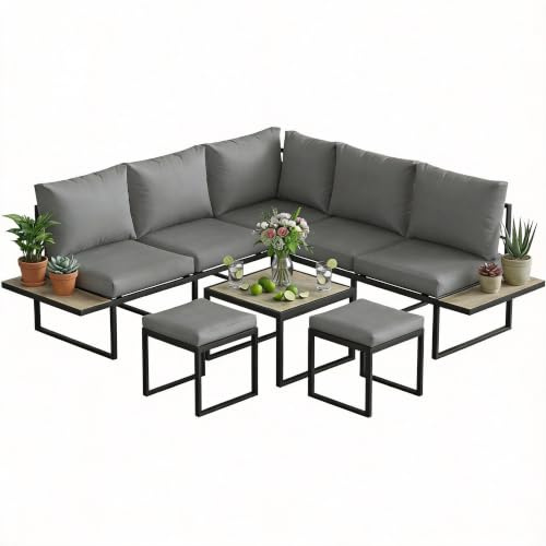 Outsunny Salon de Jardin Extérieur 6 Personnes Modulable Table Basse Gris | Ensemble de Canapé Extérieur, Plateaux Latéraux en Bois PSPC, Coussins Épais 10cm, Confortable, pour Terrasse, Balcon
